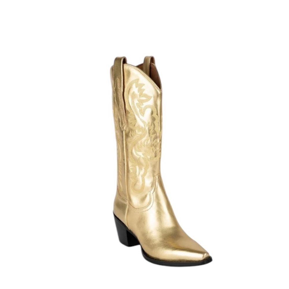 Jeffrey Campbell Dagget Gold Leather Cowboy Boots | Size 7.5